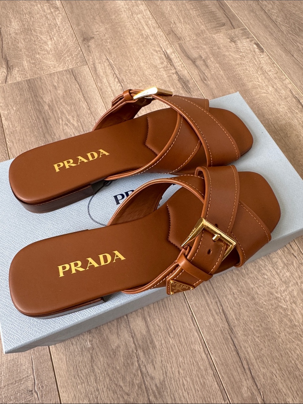 Prada Crisscross Leather Slide Sandals Brown Gold Logo Buckle 37.5 NWT - Picture 8 of 13